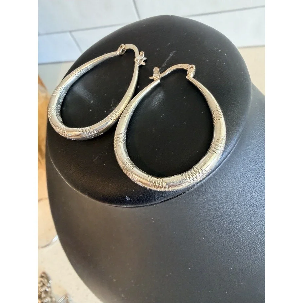 VTG LARGE OVAL HOOP DIAMOND CUT EARRINGS STERLING SILVER 925